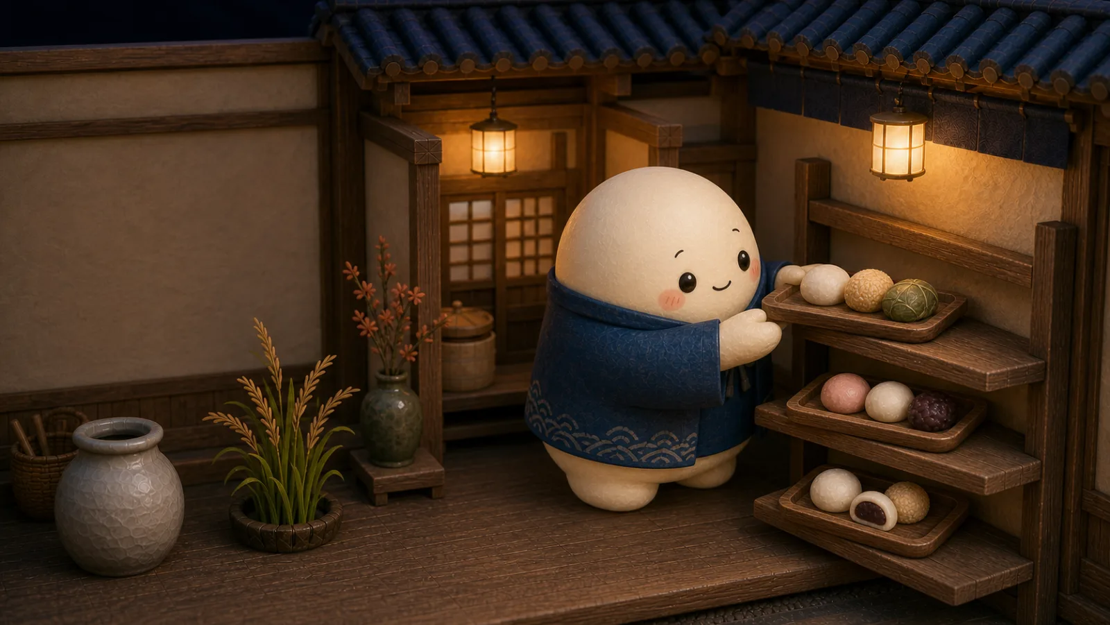 完成した季節のもちを棚へ運ぶMochiのマスコット