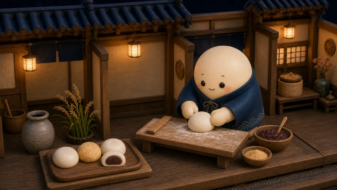 Mochiのマスコットが完成したもちを木の盆に並べる場面