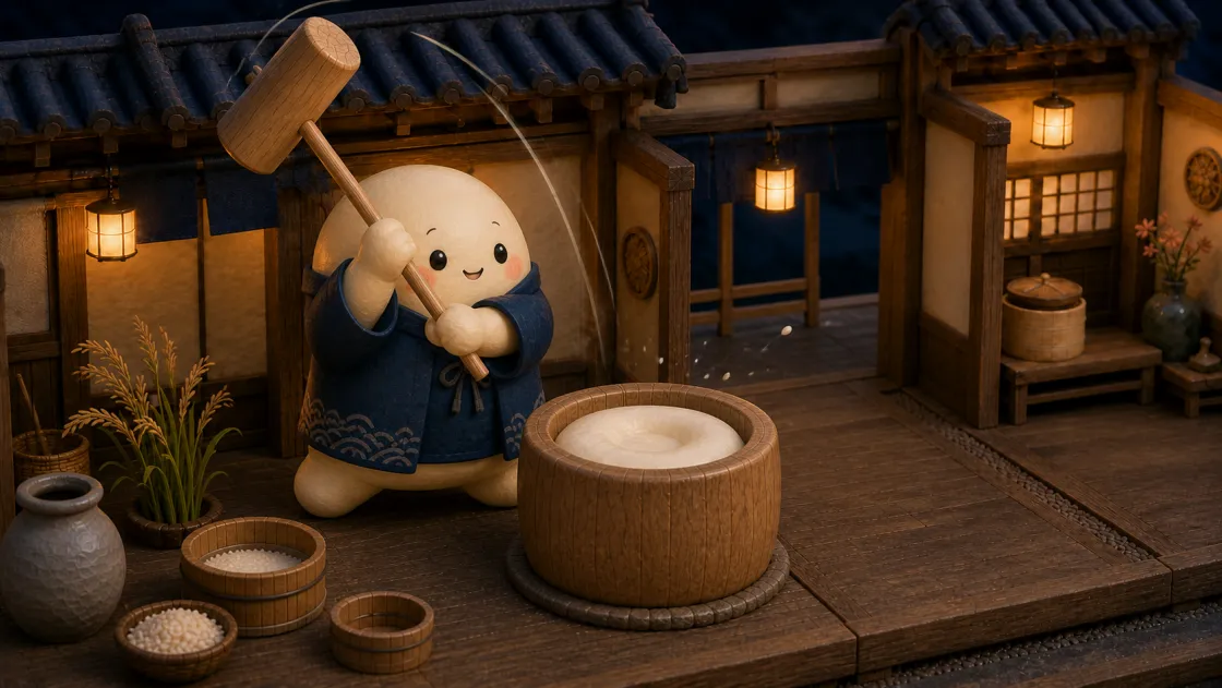 Mochiのマスコットが臼と杵でもちをつく場面