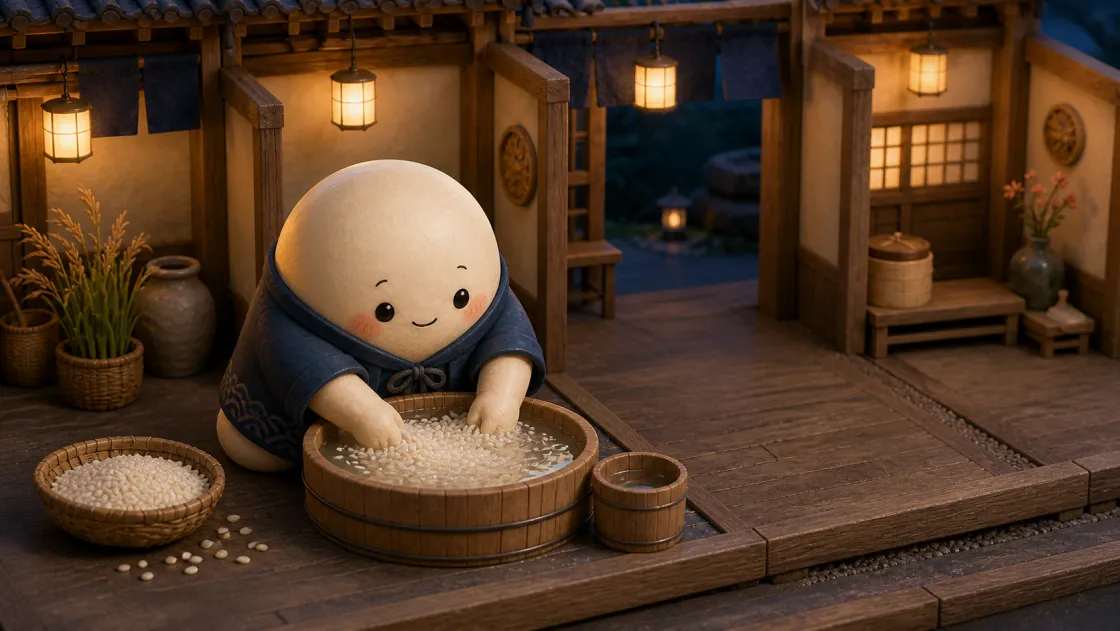 Mochiのマスコットがもち米を洗う場面
