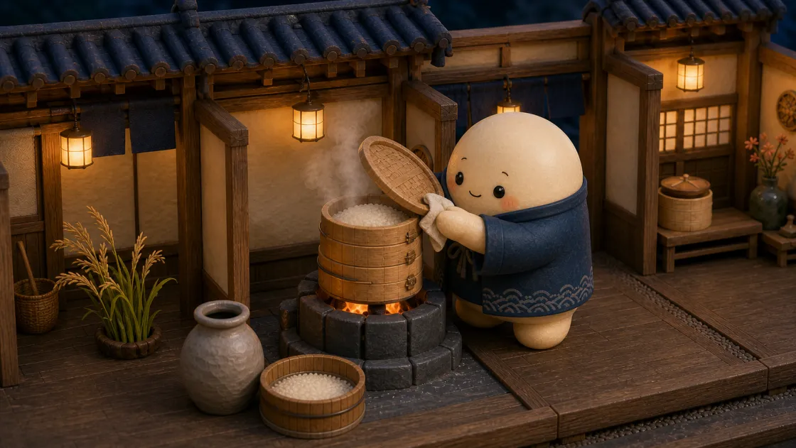 Mochiのマスコットがせいろでもち米を蒸す場面